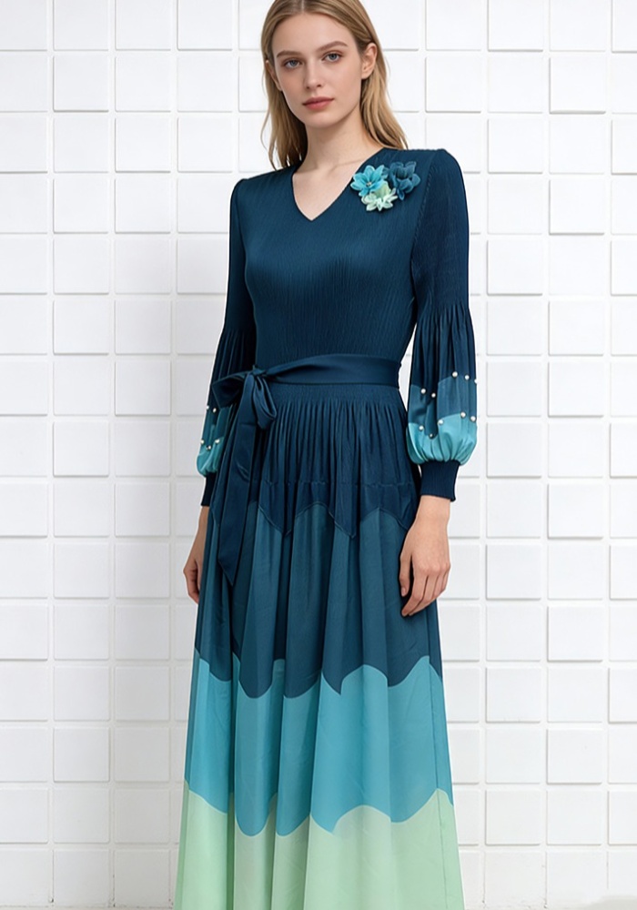 Slim fold printing pinched waist loose dress for women