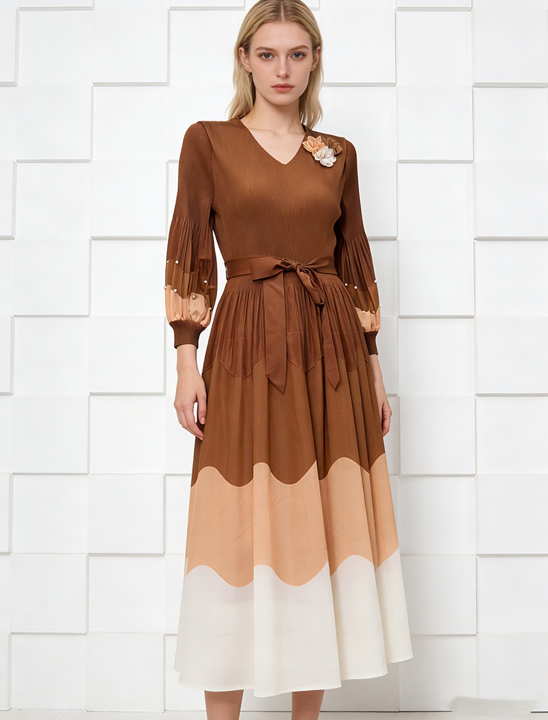 Slim fold printing pinched waist loose dress for women