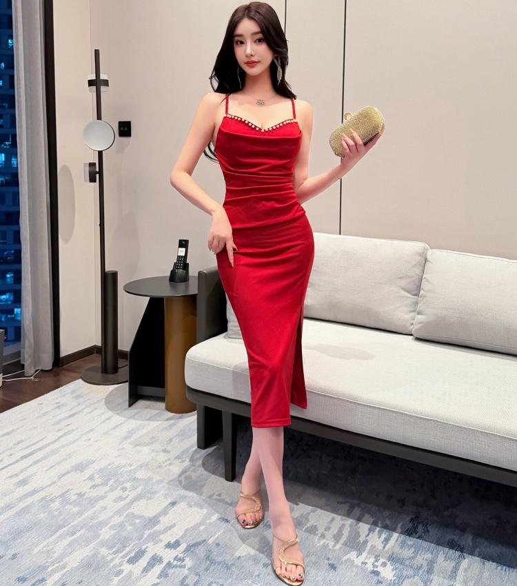 Sling temperament sexy dress split halter slim evening dress