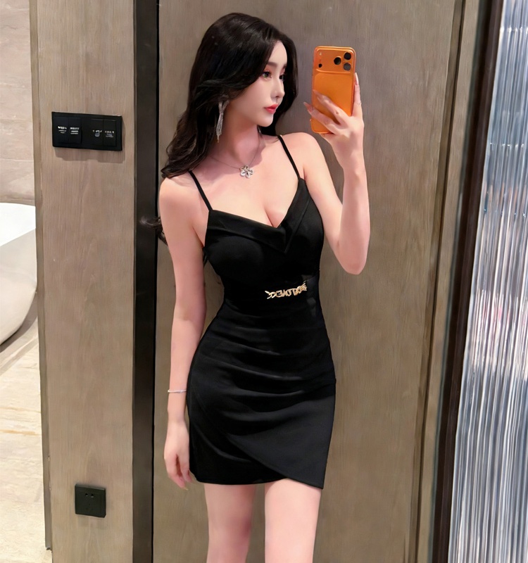 Sling sexy halter temperament low-cut short split dress