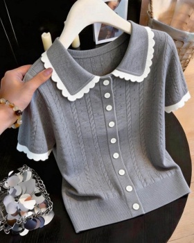 Knitted mixed colors tops short sleeve T-shirt for women