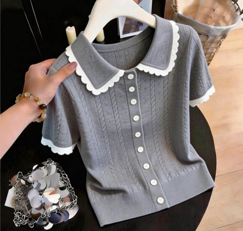 Knitted mixed colors tops short sleeve T-shirt for women