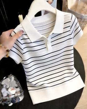 Slim France style sweater stripe short sleeve tops for women