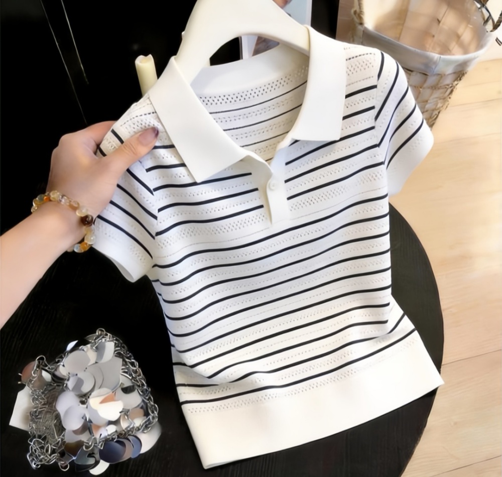 Slim France style sweater stripe short sleeve tops for women