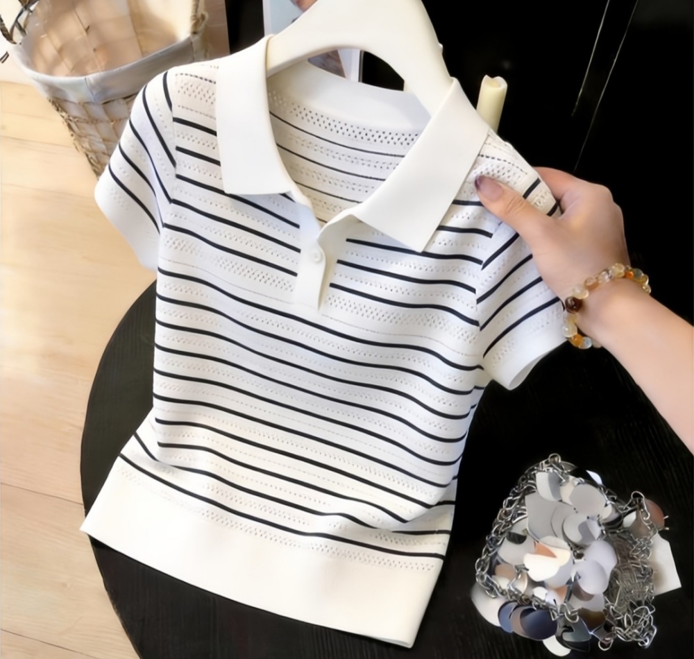 Slim France style sweater stripe short sleeve tops for women