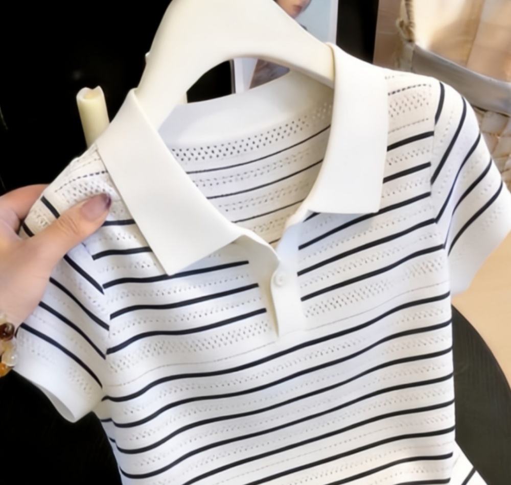 Slim France style sweater stripe short sleeve tops for women
