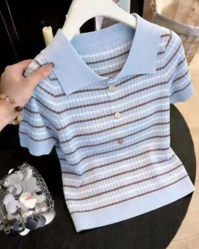 Loose short sleeve cardigan stripe tops for women