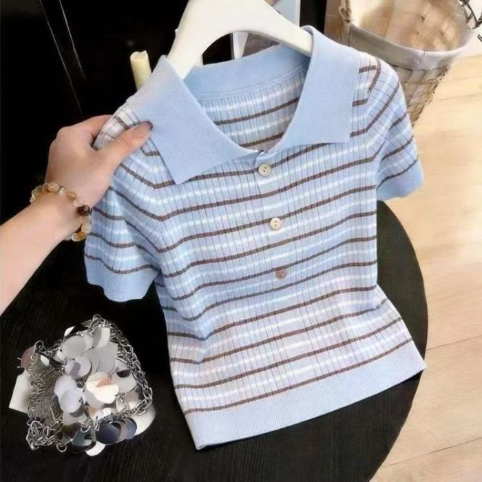 Loose short sleeve cardigan stripe tops for women