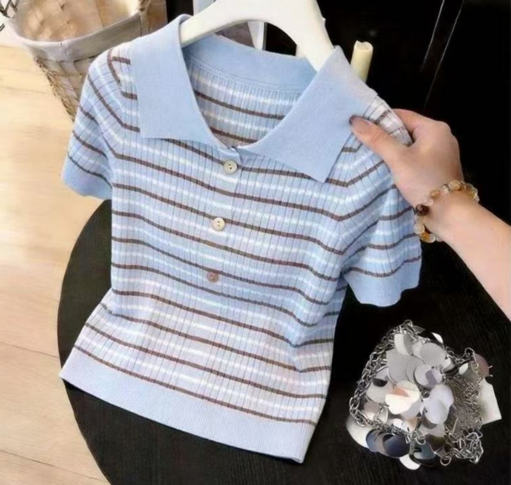 Loose short sleeve cardigan stripe tops for women