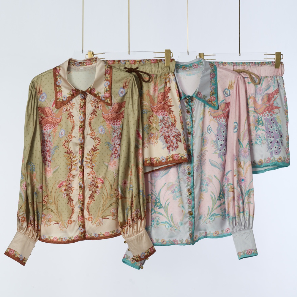 Spring long sleeve shorts satin vacation tops a set