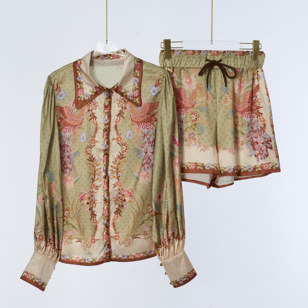 Spring long sleeve shorts satin vacation tops a set