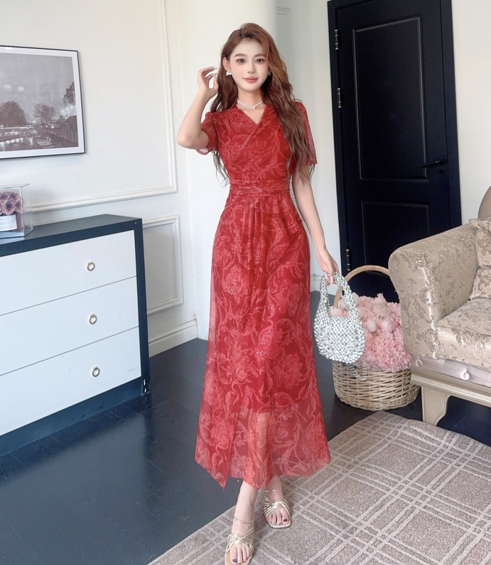 Korean style floral temperament ladies slim gauze dress