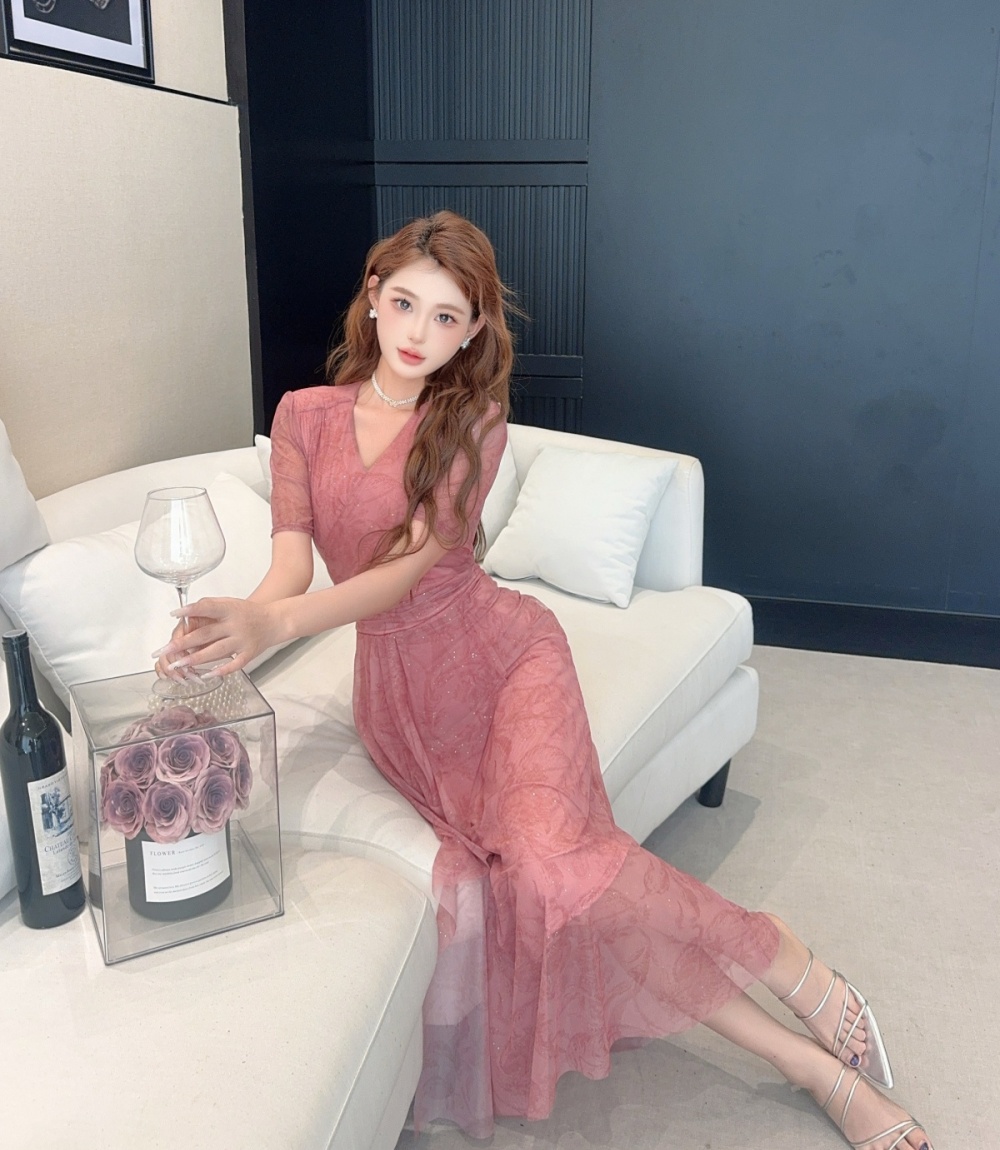 Korean style floral temperament ladies slim gauze dress