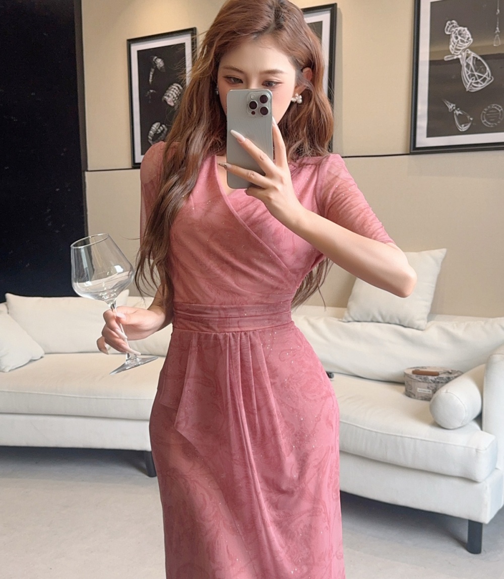 Korean style floral temperament ladies slim gauze dress