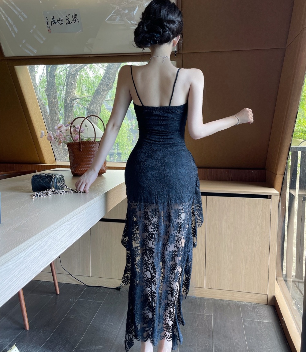 Lace France style irregular vacation sling white dress