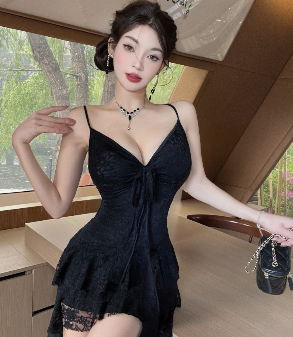 Lace France style irregular vacation sling white dress