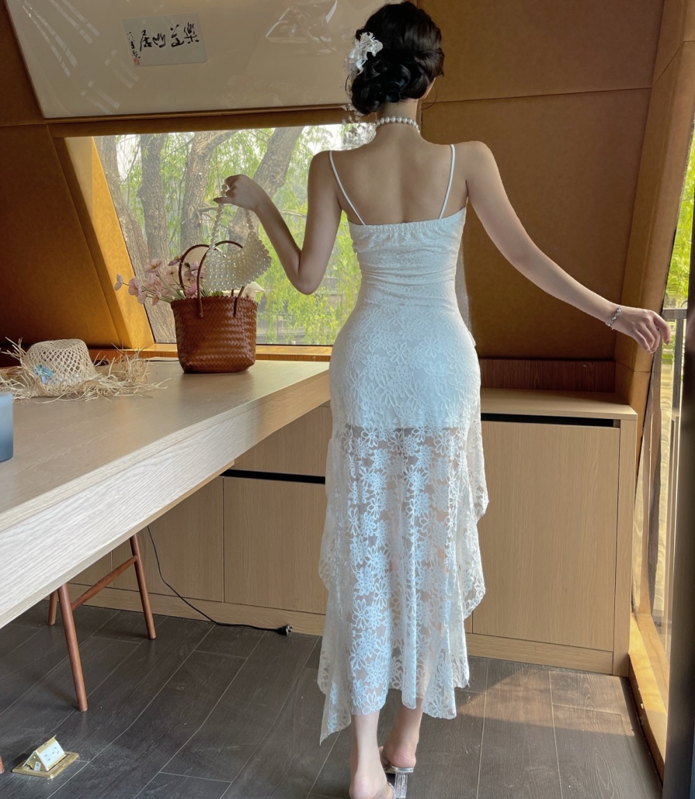 Lace France style irregular vacation sling white dress