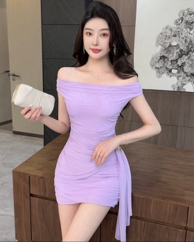 Champagne package hip fold flat shoulder streamer dress