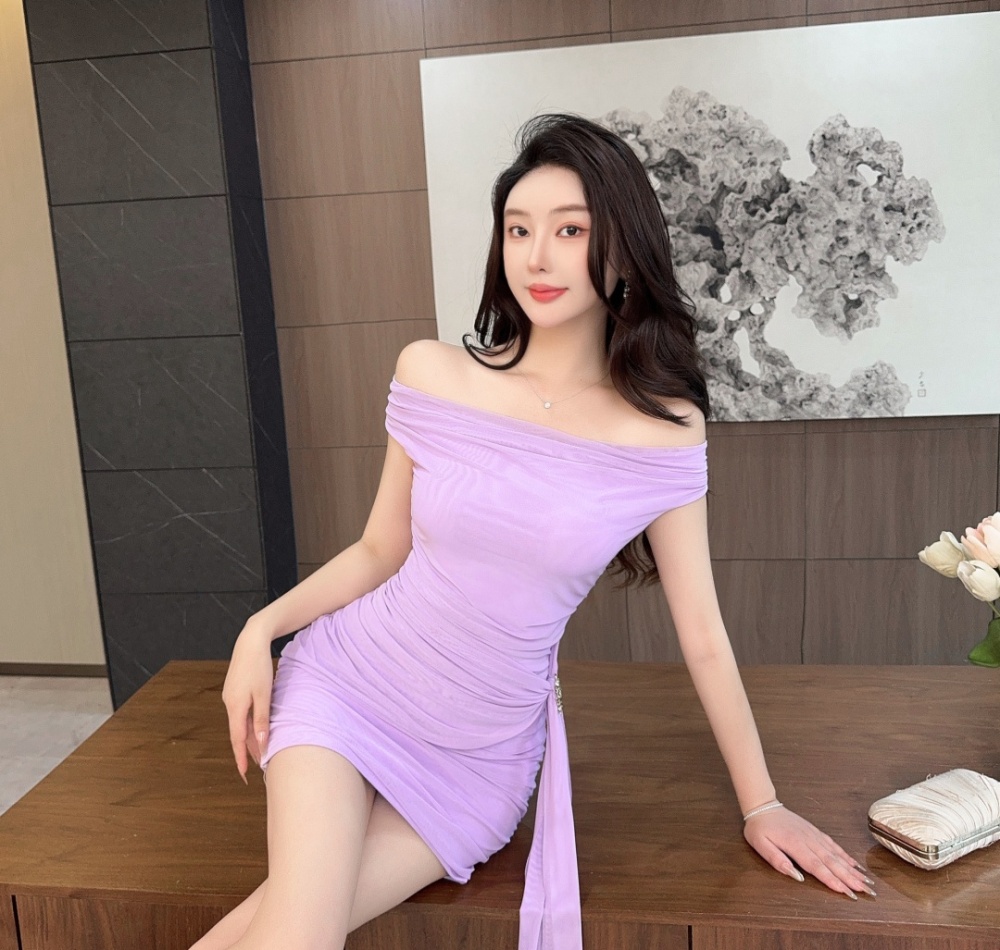 Champagne package hip fold flat shoulder streamer dress