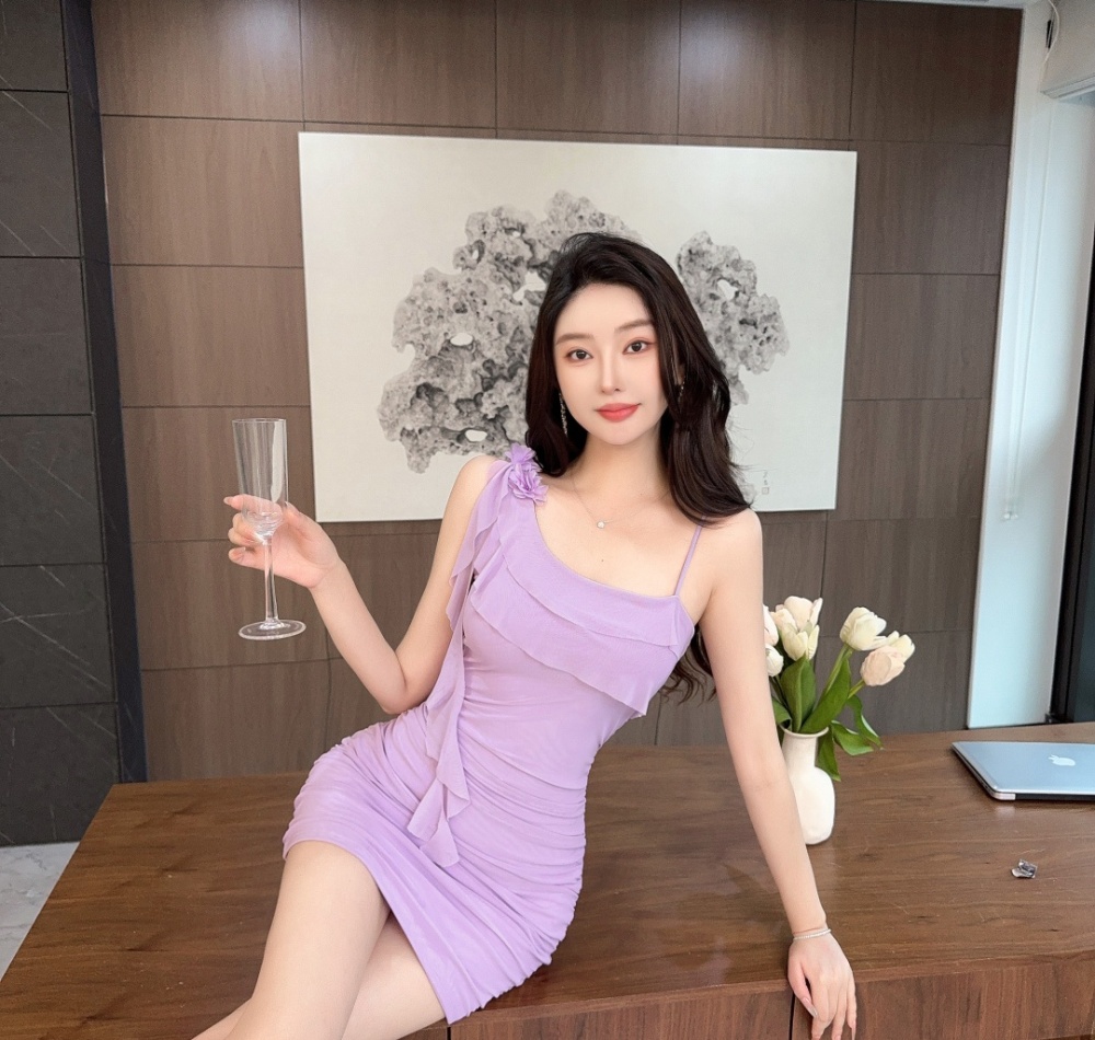 Splice sexy flowers gauze short package hip shoulder dress