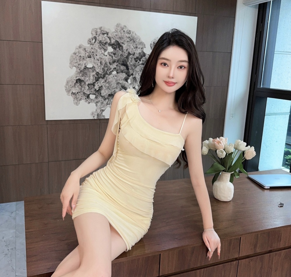 Splice sexy flowers gauze short package hip shoulder dress