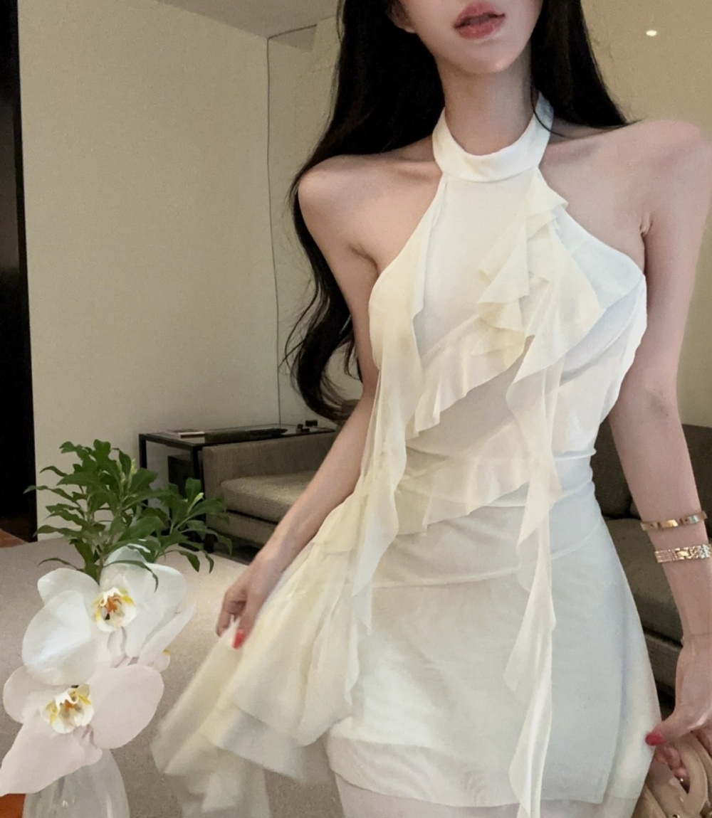 Tassels sexy low-cut gauze splice bottoming dress