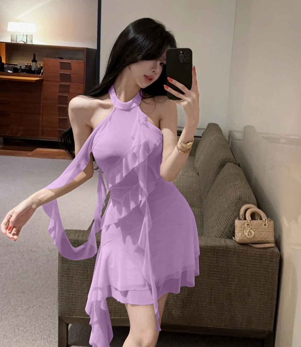 Tassels sexy low-cut gauze splice bottoming dress
