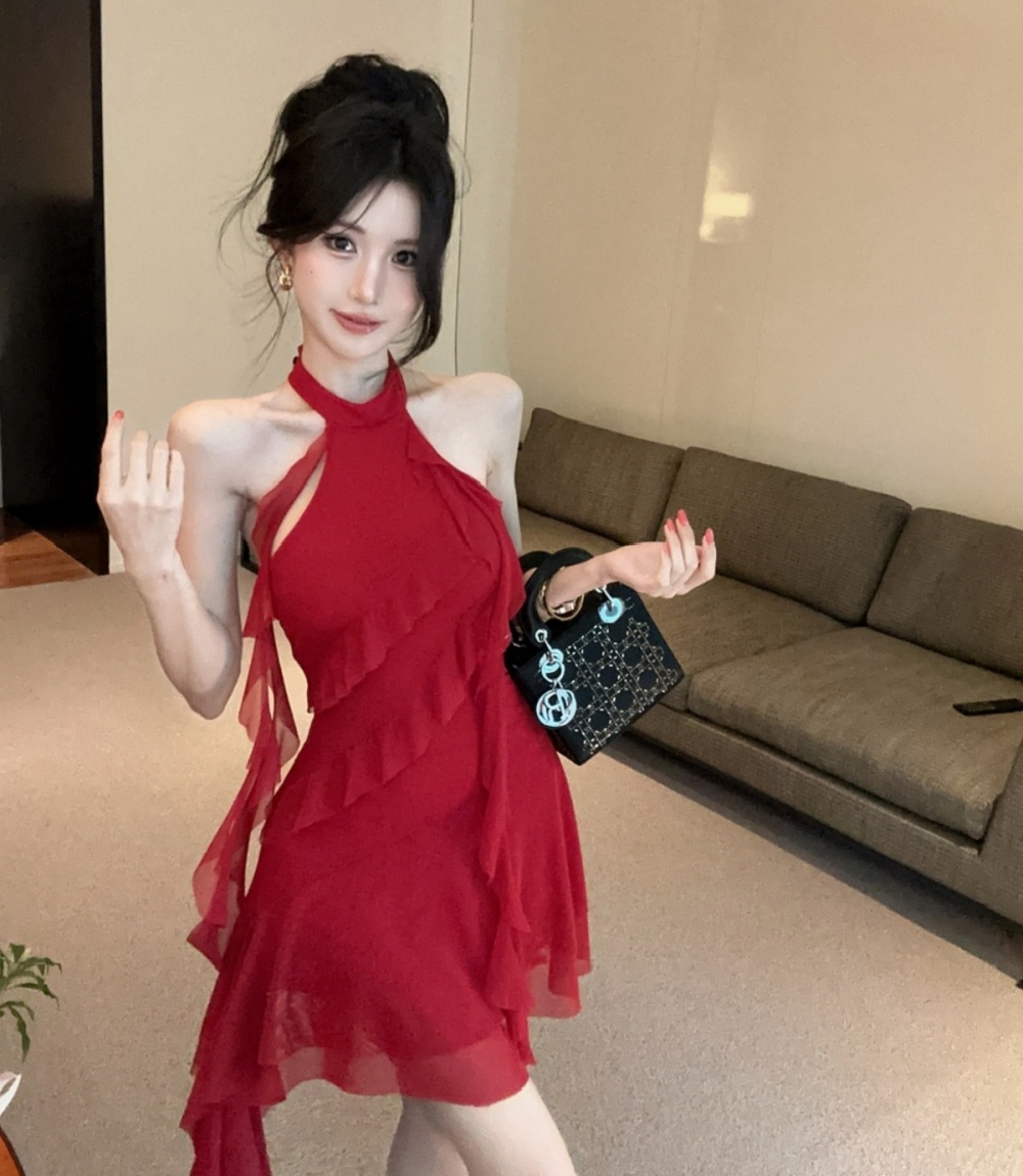 Tassels sexy low-cut gauze splice bottoming dress