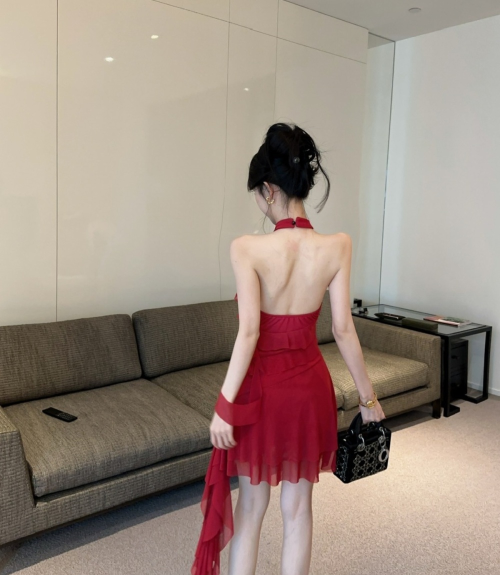 Tassels sexy low-cut gauze splice bottoming dress