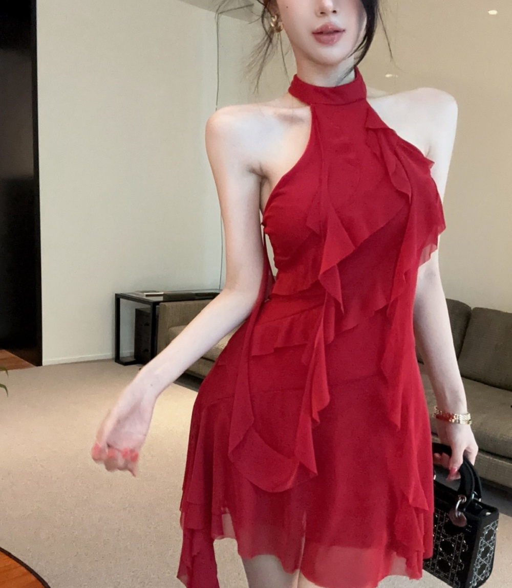 Tassels sexy low-cut gauze splice bottoming dress