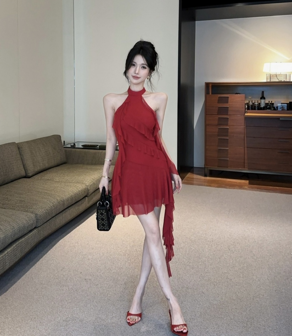 Tassels sexy low-cut gauze splice bottoming dress