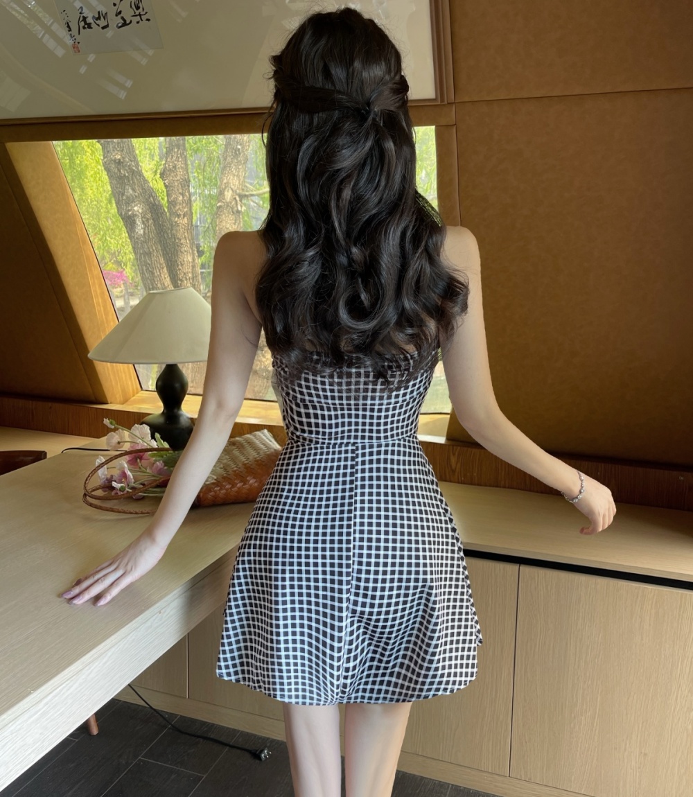 Plaid small fellow T-back red sweet dress for women