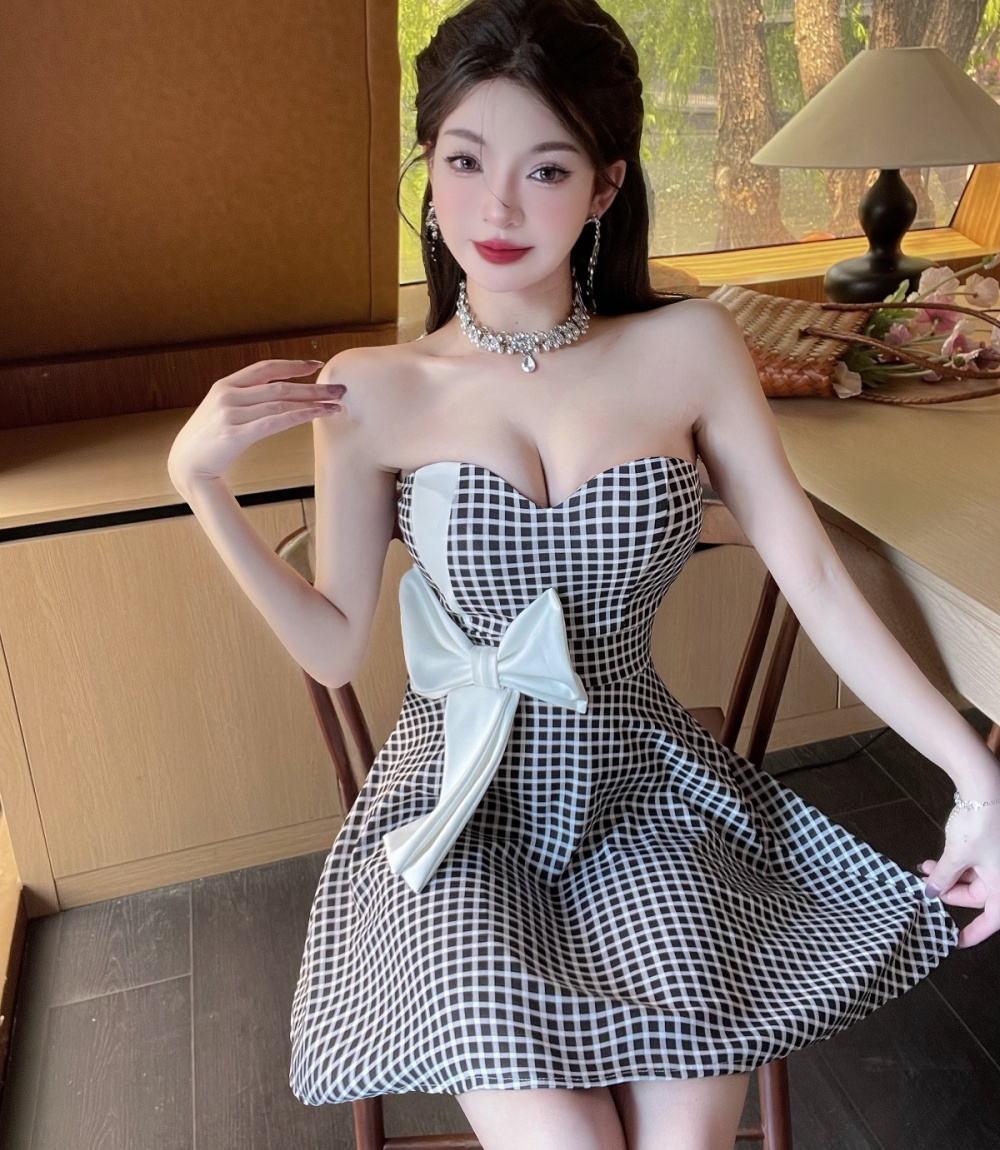 Plaid small fellow T-back red sweet dress for women