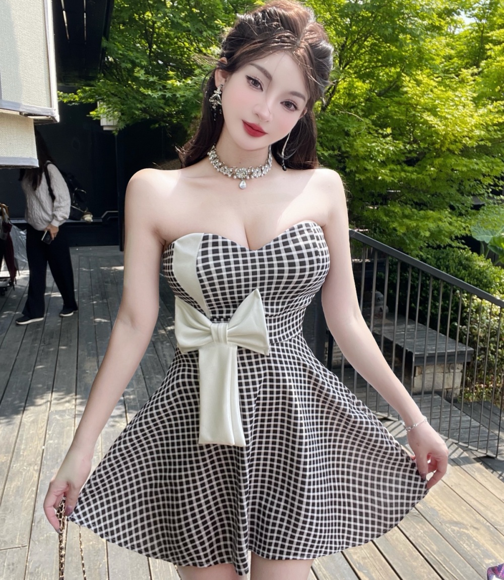 Plaid small fellow T-back red sweet dress for women