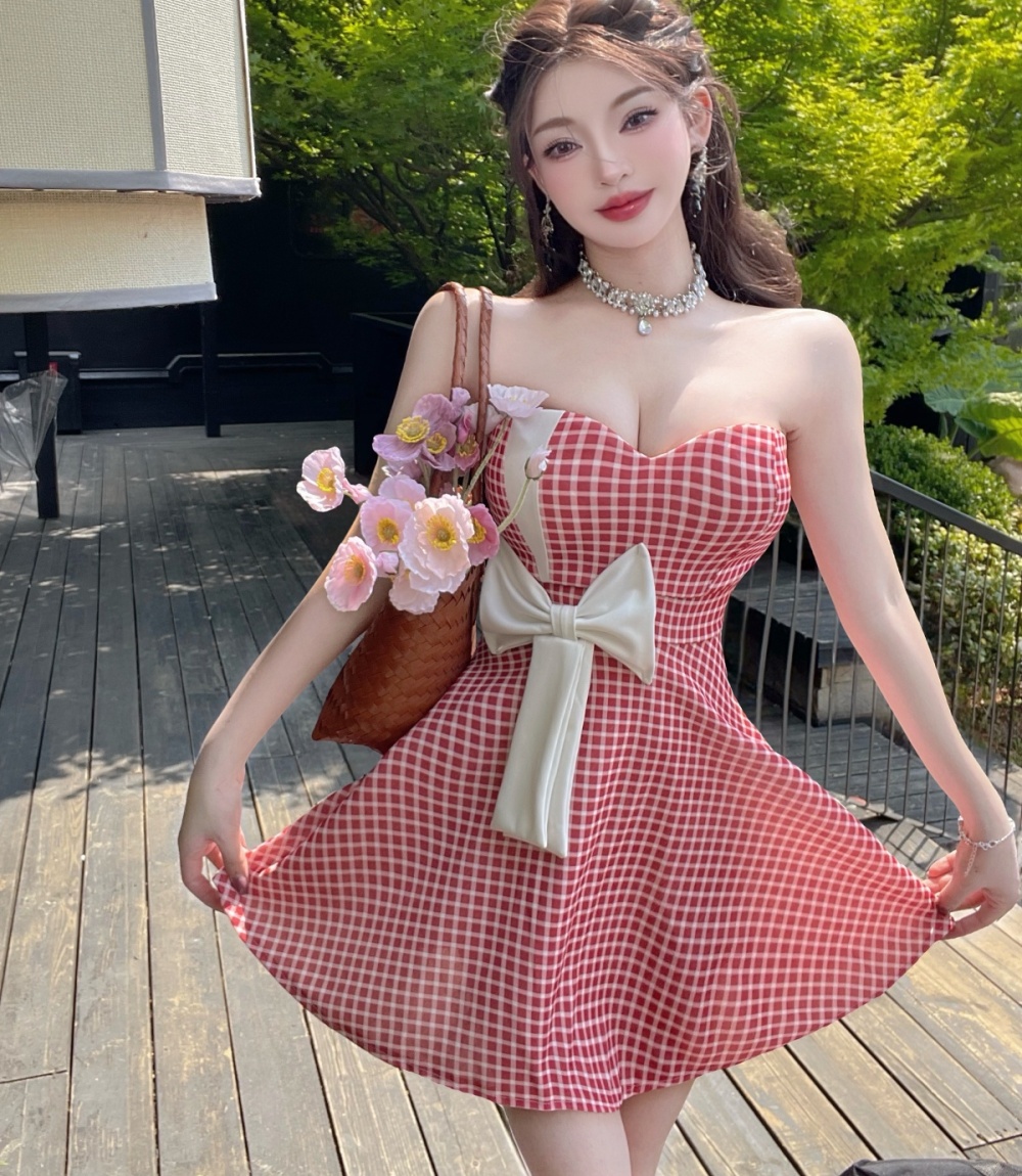 Plaid small fellow T-back red sweet dress for women