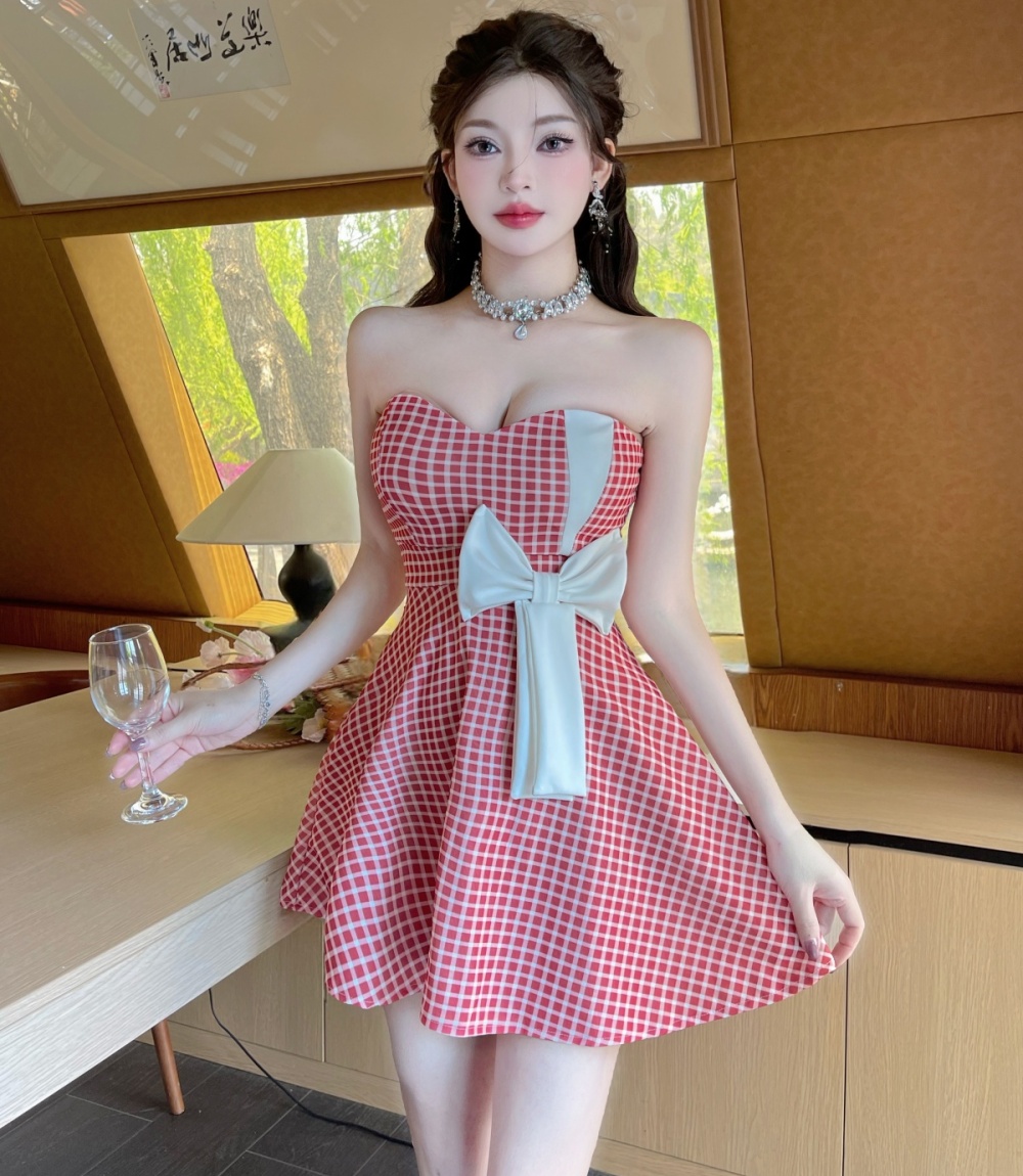 Plaid small fellow T-back red sweet dress for women