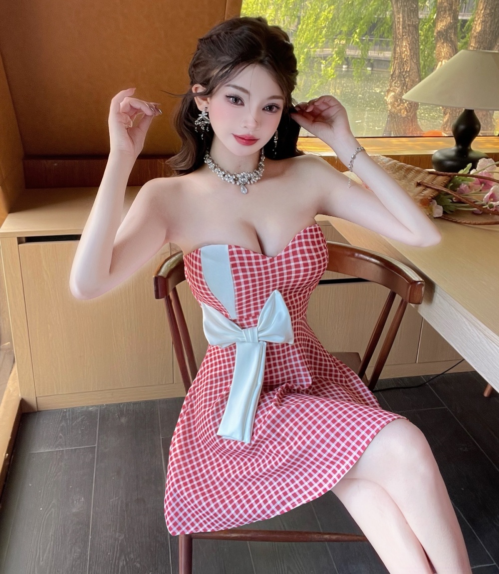 Plaid small fellow T-back red sweet dress for women