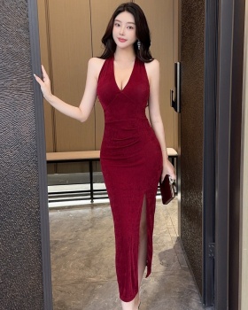 Sexy package hip sling dress slim V-neck long dress for women