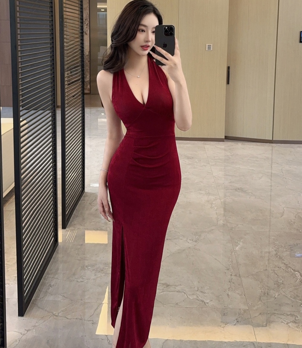 Sexy package hip sling dress slim V-neck long dress for women