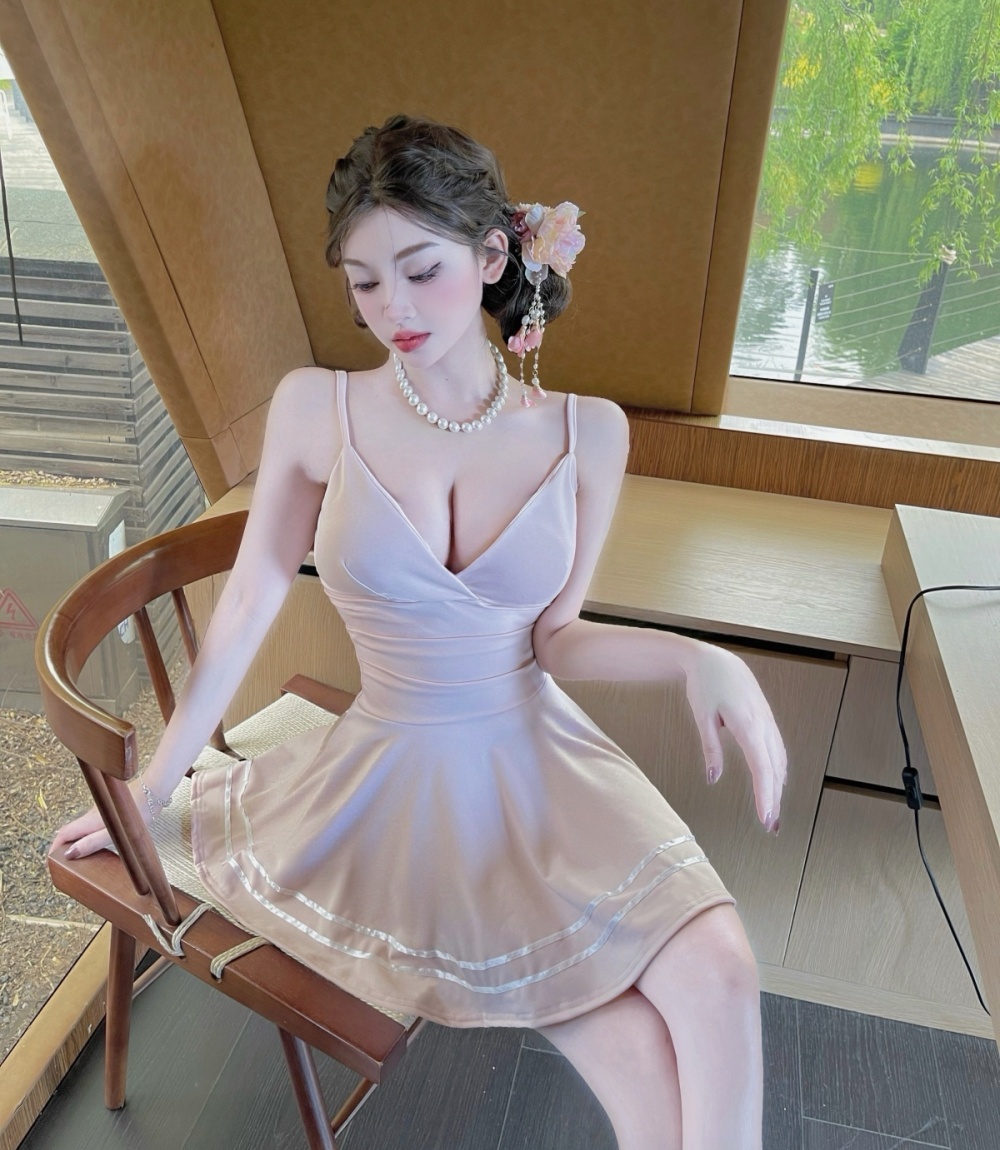 Sling satin big skirt low-cut sexy dress