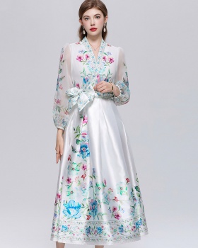 V-neck pinched waist dress printing long dress for women