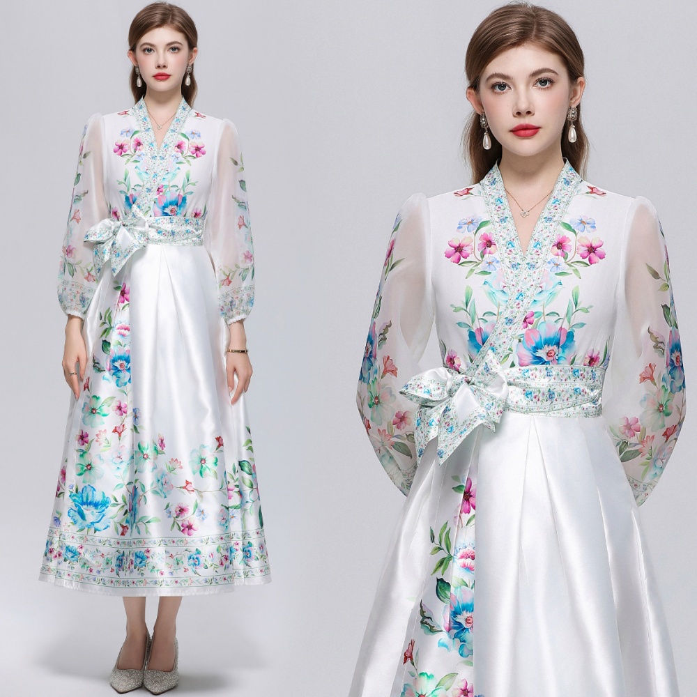 V-neck pinched waist dress printing long dress for women
