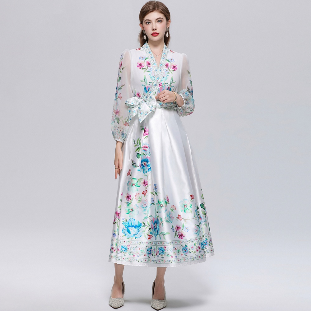 V-neck pinched waist dress printing long dress for women