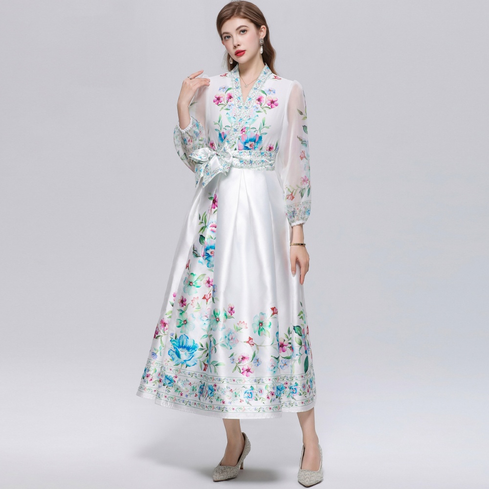 V-neck pinched waist dress printing long dress for women