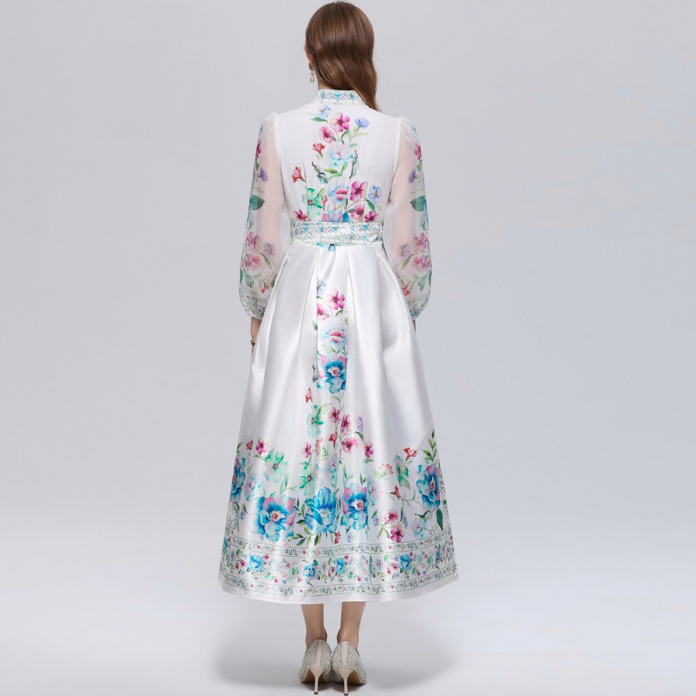 V-neck pinched waist dress printing long dress for women