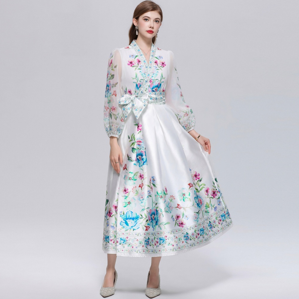 V-neck pinched waist dress printing long dress for women