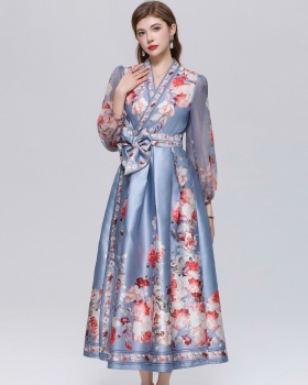 Lantern sleeve dress pinched waist long dress for women