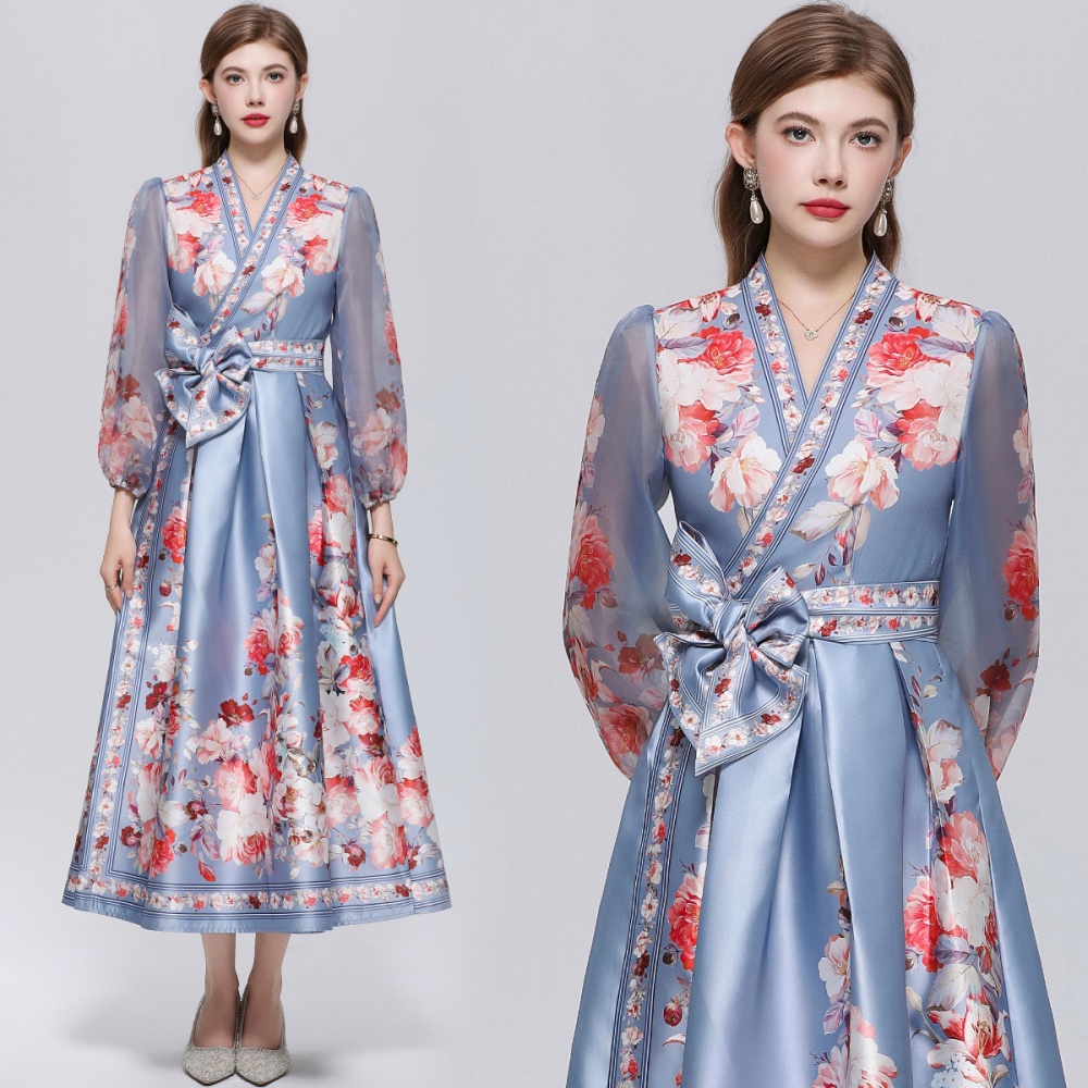 Lantern sleeve dress pinched waist long dress for women