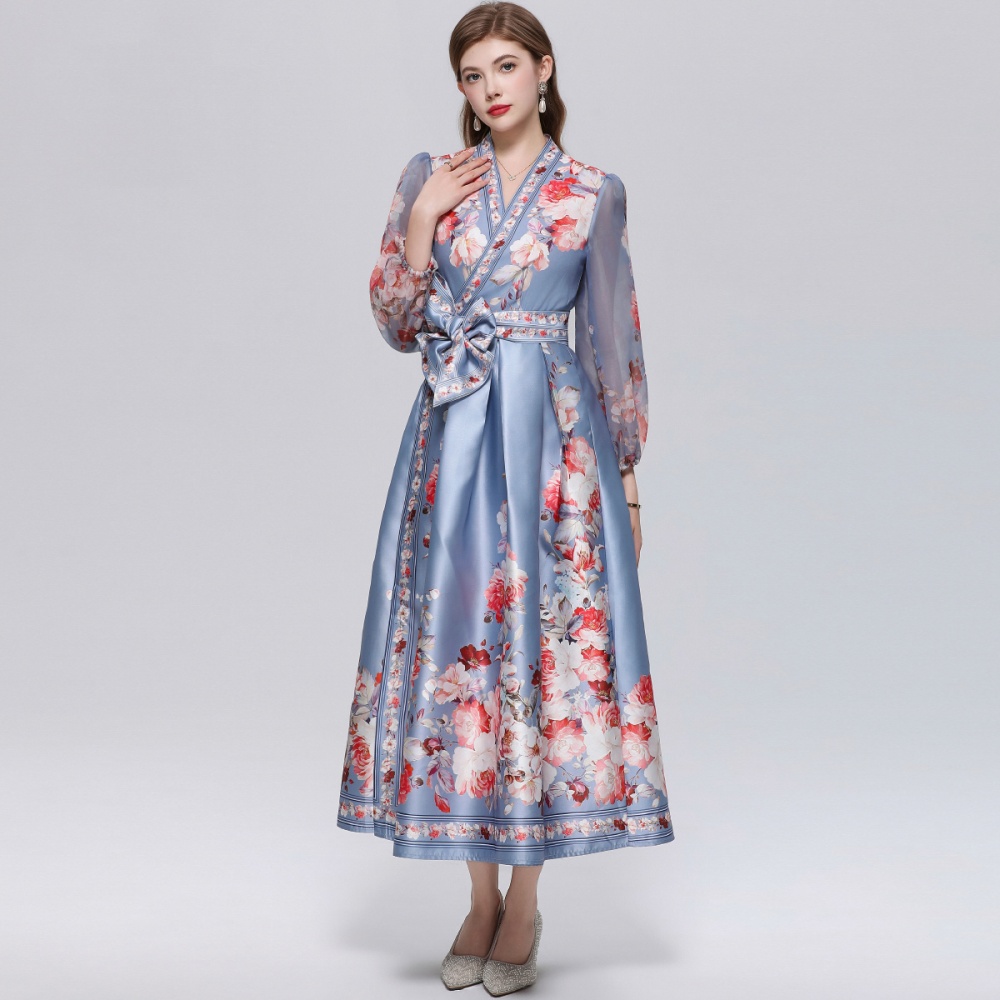 Lantern sleeve dress pinched waist long dress for women