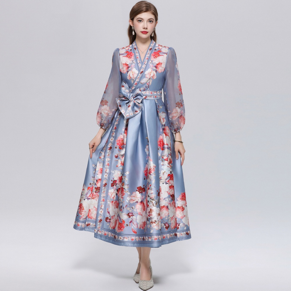 Lantern sleeve dress pinched waist long dress for women